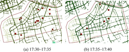 Figure 9. Distribution of severely congested grids(red rectangles) within 17:30–17:40 on April 11.