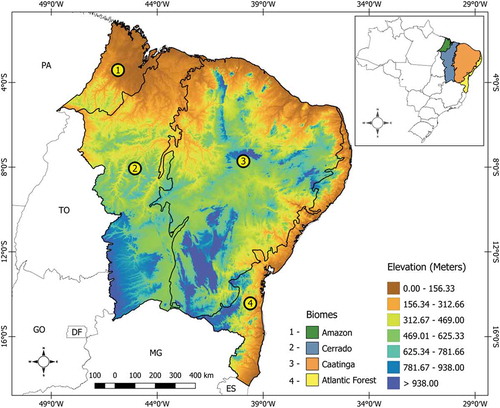 Figure 1. Study Area Location: (a) Brazil, (b) Northeast of Brazil (NEB), (c) biomes (Amazon, Caatinga, Cerrado and Atlantic Forest) located in the NEB.