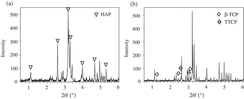 Figure 9. XRD patterns of nano-HAP: (a) the initial powder and (b) the sintered nano-HAP when the laser scanning speed is 120 mm/min.