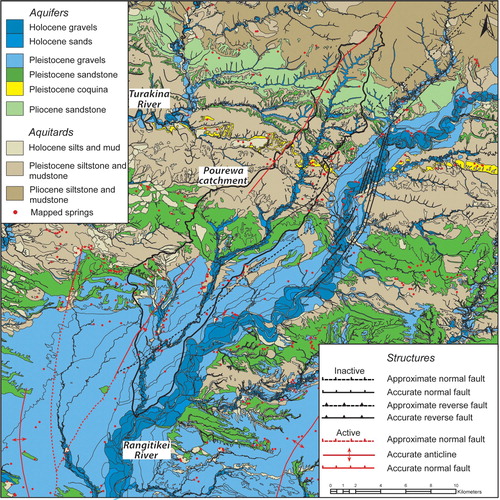 Figure 10. Simplified hydrostratigraphic map of the study area showing the location of the Pourewa Stream catchment outlined in black in relation to the local geology. Geological units subdivided based on average grain size, hydraulic properties, age and depositional regime into respective hydrostratigraphic units. Major regional structures are also shown alongside mapped spring locations; note the mapped springs only present a small proportion of the total springs in the area, a majority of which are minor seeps and small springs.