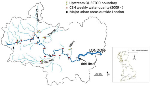 Figure 1. Map of River Thames indicating locations of monitoring sites with water quality observations available each week (or more frequently) used to test the QUESTOR model: Newbridge (1), Eynsham (2), Abingdon (3), Wallingford (4). The QUESTOR upstream boundaries of the river network are on the main Thames (at Hannington), the Cherwell and the Thame. Continuous water quality monitoring data from EA were available from the Thames at Hannington and at Site 3.
