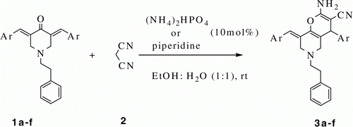 Scheme 1.  Synthesis of 2-amino-4-aryl-8[(E)-arylmethylidene]-5,6,7,8,-4H pyrano[3,2-c] pyridine 3a-f in green media.