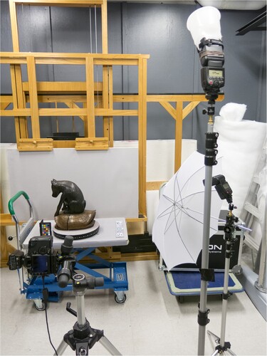 Figure 4. Imaging setup for Acquisition B in the Lunder Conservation Center that shows the position of the lights to the right of the camera.