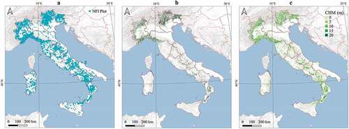 Figure 1. A: Italian field plots; B: RGB Landsat composite image captured to create annual images with a median value for each pixel in ALS cover; C: Italian CHM cover.
