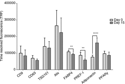 Fig. 6.  Effect of differentiation on EV protein content. The content of vesicular (CD9, CD63, TSG101 and Alix) and adipocyte (FABP4, PREF-1, adiponectin and PPARγ) proteins in 3T3-L1 derived EVs before and following differentiation. Proteins were detected using a streptavidin–europium conjugate and measured using TRF (arbitrary units) **p<0.01, ****p<0.0001, n=3.