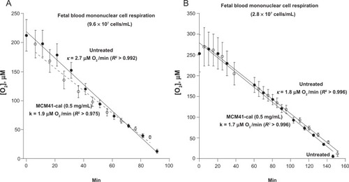 Figure 4 Representative experiments of fetal blood mononuclear cell respiration in the presence and absence of MCM41-cal.Notes: All procedures were performed immediately following collection of venous blood from the umbilical cord. Respiration was measured in cells isolated from the whole blood with and without the addition of 0.5 mg/mL MCM41-cal. O2 measurements were performed at 37°C in 1 mL sealed vials, alternating every 5 minutes between untreated (closed circles) and MCM41-cal (open circles) samples; each time point represents mean ± standard deviation (n = 1800) of [O2] over 3 minutes. The rate of respiration (k) was the negative of the slope of [O2] versus t; the values of k (in μM O2 per minute) are shown. The lines are linear fits. Zero minutes corresponds to addition of particles.