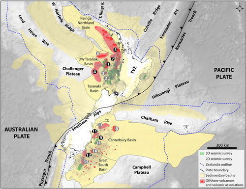 Figure 1. Map showing the seismic dataset, main regional physiography, sedimentary basins, and location of offshore volcanoes presented in this study. Basins highlighted in darker yellow are discussed in this paper. Numbers and abbreviations are: (1) Vulcan-Romney volcanic zone; (2) Tikati volcanic complex; (3) Matuku intrusions and small vents; (4) Kaiwero volcanic field; (5) Northland-Mohakatino volcanic belts; (6) Aotea volcanic complex; (7) West Ngatutura volcanic field; (8) Sloop volcanic complex; (9) Barque volcanic complex; (10) Tapuku East volcanic complex; (11) East Waiareka-Deborah volcanic field; (12) Papatowai volcanic field; (13) Maahunui volcanic field; (14) Waka intrusions and small vents; (15) Toroa volcanic field; (TVZ) Taupo Volcanic Zone; (T. Kings R.) Three Kings Ridge. Volcanoes numbered in grey circles are only shown in the supplementary material of this paper. Background image shows a Digital Terrain Model from NIWA (New Zealand Institute of Water and Atmosphere).