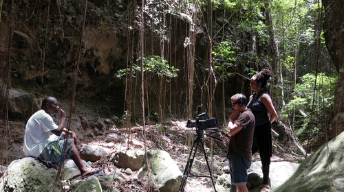 Figure 3 Visualizing heritage values in practice at Bloody Point; interview with Mr Perry Peats. (Photograph by Sjoerd van der Linde)