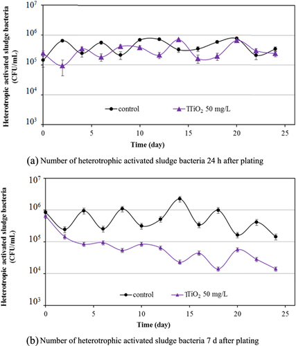 Figure 6. Effect of 50 mg L−1 TiO2 on heterotrophic activated sludge bacteria in activated sludge samples.
