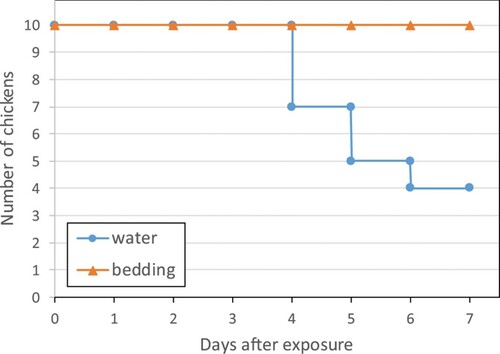 Figure 3. Survival of 6-week-old chickens after exposure to water (blue line) or bedding material (orange line) contaminated by Eurasian wigeons infected with H5N8-2016 virus.