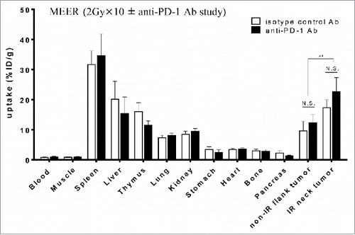 Figure 3. Ex vivo biodistribution of Zr-89-DFO-PD-L1 mAb uptake at 96 h after injection (at 4 d after completion of 2 Gy × 10 fractionated RT ± anti-PD-1 Ab). Biodistribution of radiotracer uptake in anti-PD-1 Ab treated mice and isotype control Ab treated mice with MEER tumors (n = 6 per group). Each mouse has two tumors in two locations, neck and flank, and fractionated RT was delivered only to the neck tumor. Results are expressed in %ID/g and represent mean ± SEM (n = 6). **p < 0.01; paired t-test.