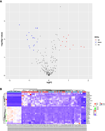 Figure 2 DEARGs in sepsis-induced ARDS and healthy samples. (A) Volcano plot of the 222 DEARGs. The red dots represent the significantly up-regulated genes and the blue dots indicate the significantly down-regulated genes. (B) Heatmap of the 28 DEARGs in sepsis-induced ARDS and healthy samples.