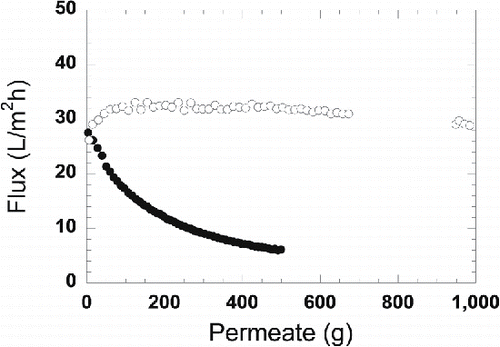 FIGURE 2 Flux during withdrawal of permeate in the experiments with process water (•) and MF permeate (o).