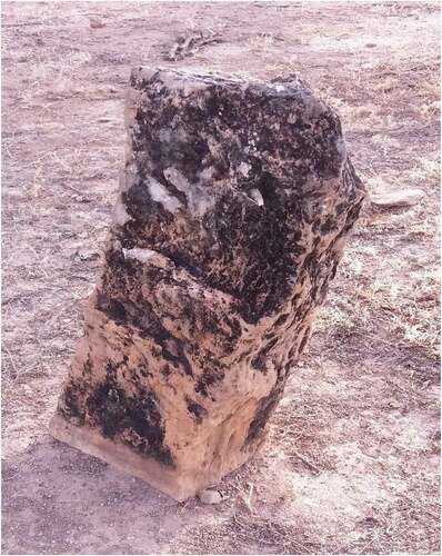 Figure 3. One of the steles of Derbi Belanbel located north of the ruined Mosque and South of ruined house. Photograph by author. During observation/ field research: 30/07/2018, Duhun