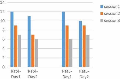 Figure 7. Performance of rats at 90 µA. Rats No 1,3 with 20 biphasic pulse, amplitude:90µ A, pulse width:500 µs, frequency: 100 Hz.