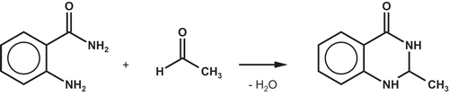 Figure 1. Mechanism of the reaction of 2-aminobenzamide with acetaldehyde during PET pre-form manufacturing.