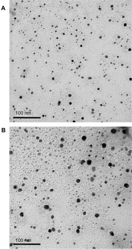 Figure 2 Transmission electron microscopy analysis of microemulsions: (A) O/W-ME and (B) W/O-ME.Note: Scale bar: 100 nm.Abbreviations: Me, microemulsion; O, oil; W, water.