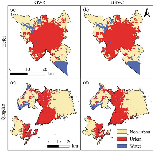 Figure 6. The 2013 simulated urban patterns based on the CAGWR and CABSVC models: (a) Hefei’s urban sprawl simulated by CAGWR; (b) Hefei’s urban sprawl simulated by CABSVC; (c) Qingdao’s urban sprawl simulated by CAGWR; and (d) Qingdao’s urban sprawl simulated by CABSVC.