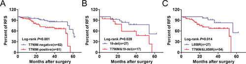 Figure 2 Kaplan–Meier curves of recurrence-free survival (RFS) according to EGFR T790M mutation status in patients with NSCLC. P value for the difference between the two curves was determined by the log-rank test. (A) RFS for both EGFR T790M-negative and -positive population. (B) RFS for patients with EGFR 19-del mutation and EGFR 19-del and T790M mutations. (C) RFS for patients with EGFR L858R mutation and EGFR L858R and T790M mutations.