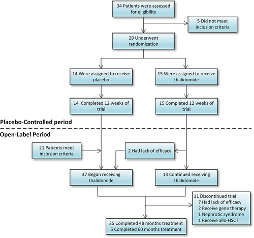 Figure 1 Treatment, and follow-up. Twenty-nine patients were enrolled in this randomized controlled trial. The placebo-controlled period included data from month 0 (baseline) to 12. Additional 21 patients who meet the inclusion criteria were enrolled in this open-label study. The study population comprised of 50 patients who received at least one dose of thalidomide. (allo-HSCT: allogeneic hematopoietic stem cell transplantation).