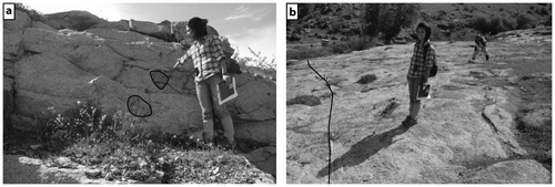 Figure 3. Field photographs showing locations of (a) sample KO04B and outlines of mafic enclaves, and (b) aplite dike (black line) where sample KO01A was collected.