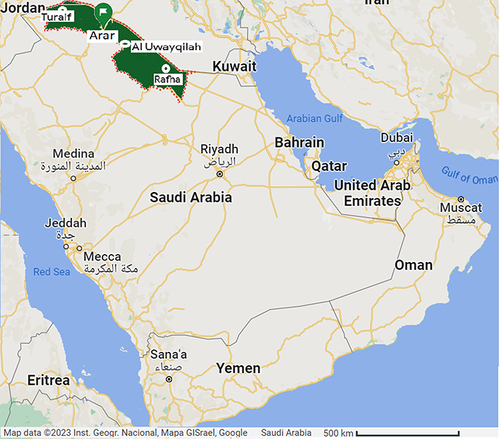 Figure 1 The geographical location of the Northern Border Province (green area) in Saudi Arabia. It includes four main areas, as indicated in the figure. Data source (Google Maps: https://www.google.com/maps).
