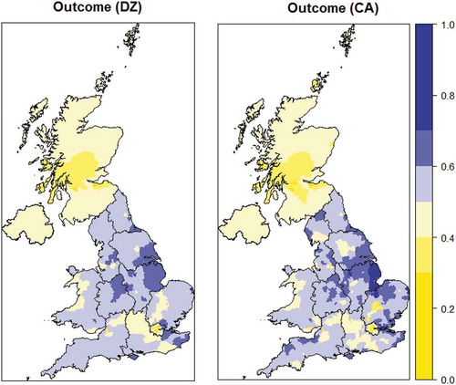 Figure 1. Proportion of the Leave vote by DZ and CA geography. Note: blue denotes areas which voted to Leave while yellow denotes areas which voted to Remain.