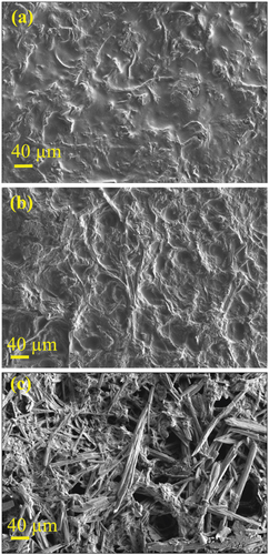 Figure 9. SEM images of the surface of PVA-cellulose films at magnitude of 200× for PVA-C-NC (a), PVA-C-NC-FA-0.05 (b) and PVA-C-NC-FA-0.5 (c).