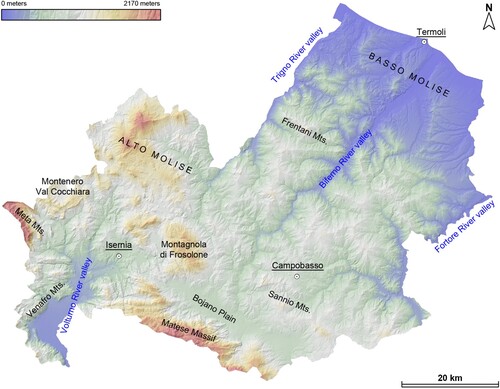 Figure 1. Location map of the study area and the Molise region, produced with 5 m/px digital elevation model (DEM) superposed on Molise hillshade.