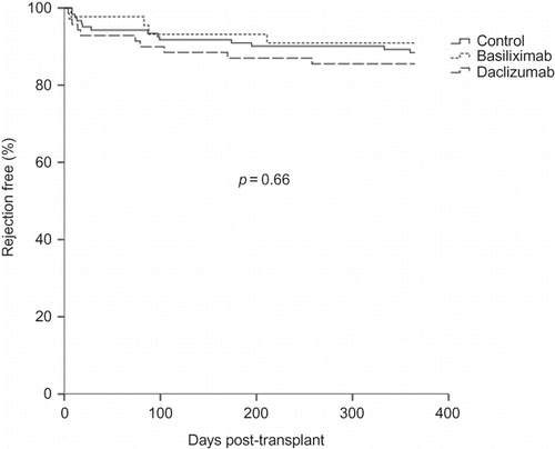Figure 2.  Kaplan–Meier curves for 1-year rejection-free survival among the basiliximab, daclizumab, and control groups.