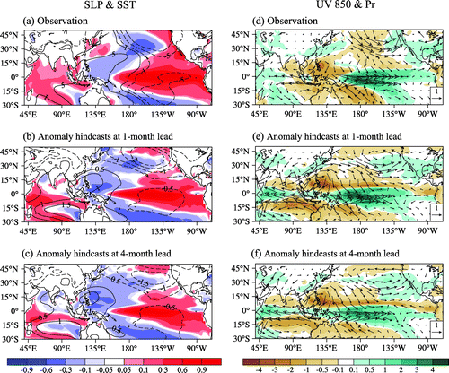 Figure 4. (a–c) Boreal winter-mean SST (shading; units: K) and SLP (contours; units: Pa) anomalies regressed against the simultaneous normalized Niño3.4 index for the (a) observation and (b, c) anomaly hindcasts at (b) one-season and (c) two-season lead time. (d–f) As in (a–c) but for the precipitation (shading; units: mm d−1) and 850-hPa wind anomalies (vectors, units: m s−1).