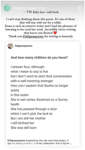 Figure 5. Examples of mutual poetic-gifting through tagging and re-sharing. Screenshot of “And how many children do you have” by fidignanpoems, shared through the “Highlight” feature by @motherhoodispoetry on 5 July 2022, Instagram. Screenshot taken by author on 13 December 2022.
