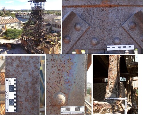 Figure 2. Corrosion phenomena on the steel surface at various regions of the headgear. Upper left: Shaft #1 headgear, overview. Upper right: gusset plate at center main column of Level 2 (south). Lower left: shallow pitting corrosion at a handrail. Lower center: main column at Level 2 (east side) with coating remains. Lower right: ore dust accumulation at the lower column parts.