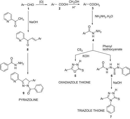 Scheme 1.  Synthesis of the oxadiazole thiones, triazoles, and pyrazoline derivatives of diphenyl ethers.Ar, ortho-, meta-, or para- phenoxy phenyl (a, b, c) in case of oxadiazolethione (5a, 5b, and 5c) and triazole derivatives (7a, 7b, and 7c). Ar, meta-phenoxy phenyl for (9).