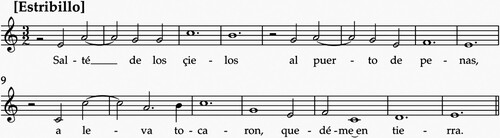 Ejemplo 1 Gaspar Fernández, ‘Salté de los cielos’, Villancico a 3, tiple solo, cc. 1–15.34Transcripción musical de la autora.