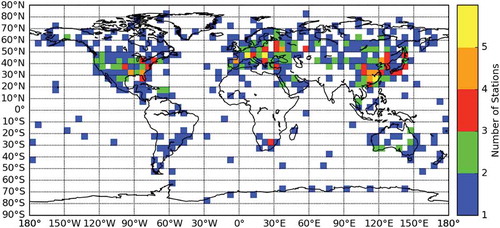 Figure 2. Map of radiosonde locations on a 5° x 5° degree grid with number of stations indicated by color.