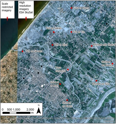 Figure 4. Map showing archaeological sites along Wadi Gaza. Note also different imagery resolution between scale restricted, publicly available imagery from Google Earth and imagery granted by the European Space Agency (produced on ArcGIS Pro).