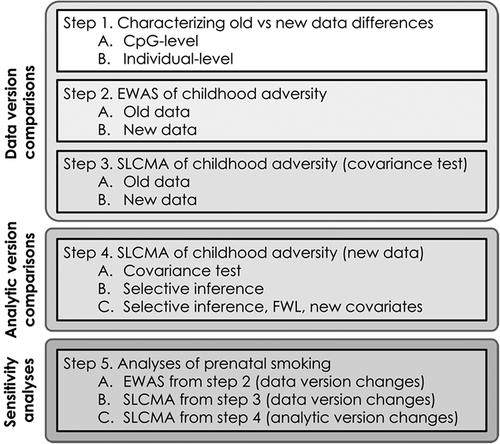 Figure 1. Overview of analyses. Steps 1–3 outline the impact of data version differences. Step 4 outlines the effect of analytic version differences. Here, childhood adversity refers to the seven different types of adversity that were assessed in these analyses. Step 5 outlines the sensitivity analyses of exposure to maternal smoking during gestation, which were performed as in steps 2–4.