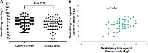 Fig. 2 Comparison of the synthetic virus and the Fermon strain in NtAbs using 50 adult serum samples.a Comparison of the NtAbs of anti-EV-D68 against the synthetic virus and Fermon (p = 0.0378). b The correlation of NtAbs against EV-D68 between the synthetic virus and Fermon (r = 0.444)