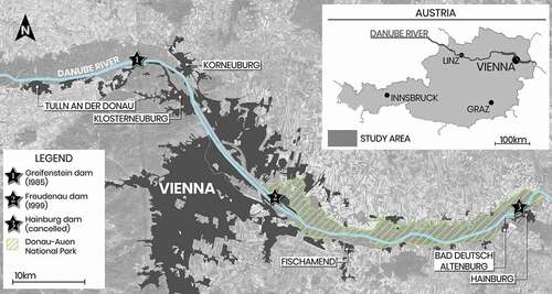 Figure 2. Map showing the stretch of the Danube that was investigated in the case study, with the hydropower dams and major landscape elements