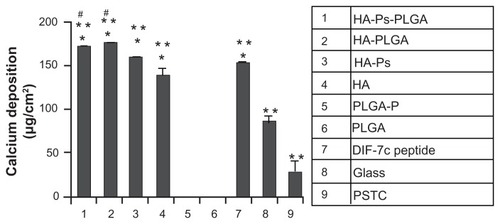 Figure 2 Osteogenic differentiation of human mesenchymal stem cells characterized by calcium deposition. The human mesenchymal stem cells were cultured with the materials as listed in the column.Notes: Data are presented as the mean ± standard error of the mean (n = 3). *P < 0.05 compared with glass and PSTC (8 and 9); **P < 0.05 compared with PLGA-P and PLGA (5 and 6); #P < 0.05 compared with DIF-7c peptide (7). Reprinted with permission Yang et al.Citation6Abbreviations: MSC, mesenchymal stem cells; HA, hydroxyapatite; PLGA, polylactide-co-glycolide; P, peptide; Ps, peptide loaded by aminosilane chemistry; HA-Ps, nano-HA loaded with peptide using aminosilane chemistry; PLGA-P, PLGA scaffold loaded with peptide; PTSC, polystyrene tissue culture plate; DIF-7c, peptide-derived short peptide.