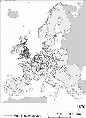 Figure 1a.  Main railway lines (standard gauge) in service across Europe, 1870.