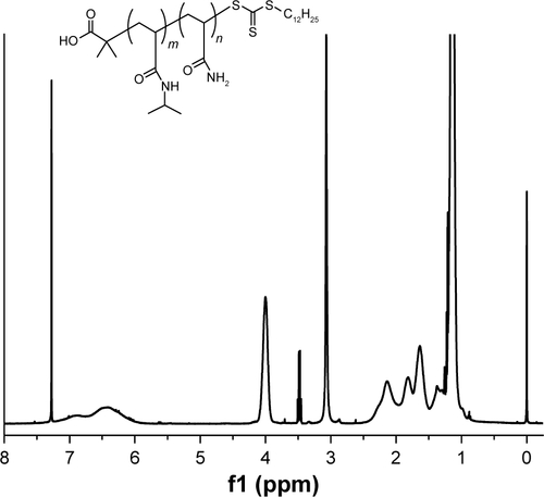 Figure S2 1H-NMR spectrum and structure of P(NIPAM-co-Am) copolymers (in CDCl3). 1.02 ppm (d, −CH2CH(CH3)2), 1.16 ppm (s, −NHCH(CH3)2), 1.30–2.40 ppm (m, polymer backbone protons), 4.03 ppm (s, −NHCH), 4.22 ppm (s, −C(=O)OCH2), 6.46 ppm (bs, −C(=O)NH).Abbreviations: Am, acrylamide; bs, broad singlet proton; d, doublet proton; m, multiplet proton; NIPAM, N-isopropylacrylamide; NMR, nuclear magnetic resonance; s, singlet proton.