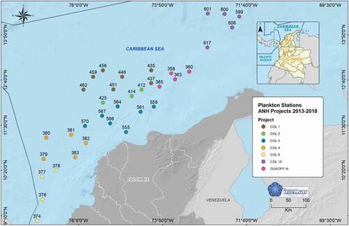 Figure 1. Study area in the Colombian Caribbean Sea with the location of the zooplankton sampling stations for the years 2013–2018