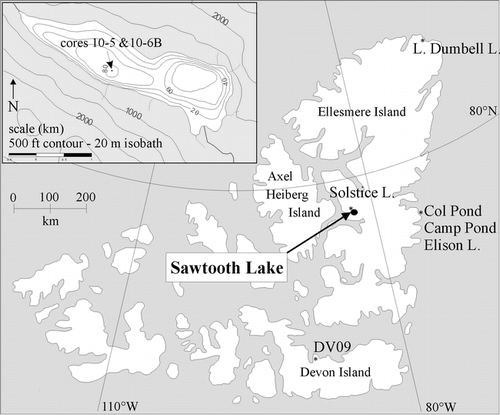 FIGURE 1. Location of Sawtooth Lake and other sites referred to in text. Bathymetric map and location of the sediment cores