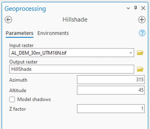 Figure 37. The Hillshade tool dialog box.