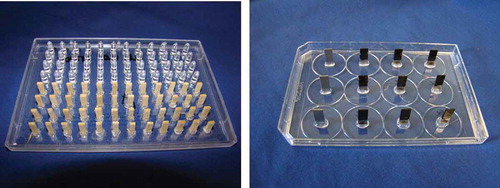 Fig. 1 (Colour online) Lids of biofilm assay devices. Left panel shows a MBEC™ lid with both balsa wood and polystyrene plastic pegs, and the right panel shows a BEST™ lid with coupons of various surface materials.
