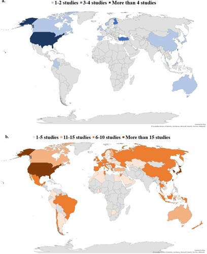 Figure 4. Number of Studies per Country Using TIMSS and PISA Data to Investigate STL in (a) Single-Country Analyses and (b) Multi-Country Analyses.