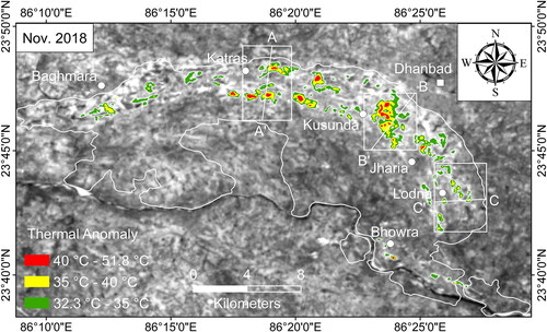 Figure 5. Pixel integrated Land Surface Temperature (LST) showing distribution of thermal anomaly derived from Landsat 8 Operational Land Imager (OLI)) data in JCF.