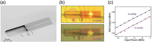 Figure 4. SHG in LNOI PhC nanocavity. (a) SEM image of a fabricated 2D LN PhC slab cavity. (b) Optical microscopy images of the PhC cavity pumped by e- and o-polarized light. (c) Generated SH wave intensity with respect to the input power. Adapted with permission from [Citation48] © Wiley-VCH GmbH